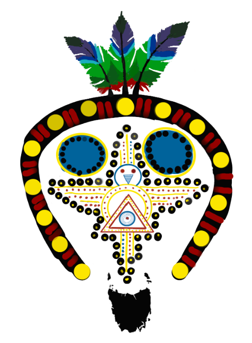 An aboriginal illustration showing a stylised face with a black surround with yellow dots and red dashes on the black line. Inside the surround is two blue circles that represent eyes with yellow outlines and black dots around the edge. Just below these is a stylised bird figure with outstretched wings facing forward made up of a black dotted outline containing yellow lines with red dots in between the lines There is a blue circle representing a bird face with red eyes and a blue beak. below this is a circle with a triangle inside, and another blue circle inside that. Below the whole image is a black map of Tasmania.